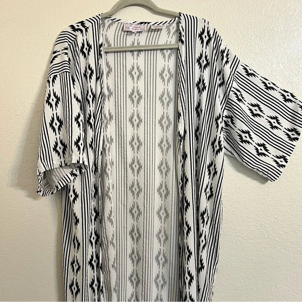 Panhandle Black and White Aztec Western Fringe Kimono Duster Cardigan rodeo - Picture 4 of 12